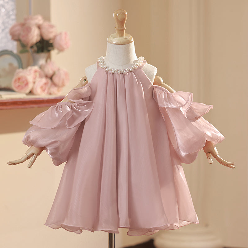 Prinzessinnenkleid für Mädchen zum Geburtstag und zur Kommunion, Perlenkragen, schulterfrei 