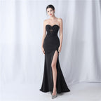 New fish bone waist setting satin cloth scratching wrinkle high-end tube top trailing evening dress
