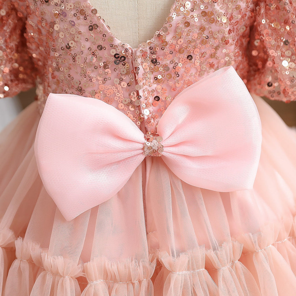 Vestido de primera comunión para niña, rosa, con lentejuelas y lazo, para fiesta de cumpleaños. 