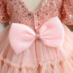 Vestido de primera comunión para niña, rosa, con lentejuelas y lazo, para fiesta de cumpleaños. 