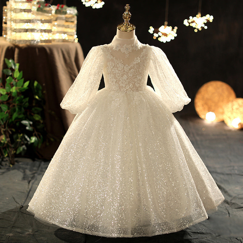 Kommunionkleid für Mädchen, langärmelig, Paillettenkleid, Blumenmädchenkleid, Festkleid für Prinzessinnen 