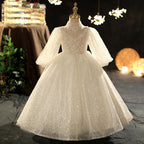 Kommunionkleid für Mädchen, langärmelig, Paillettenkleid, Blumenmädchenkleid, Festkleid für Prinzessinnen 