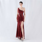 Dress positioning flower bead piece craft bead single shoulder oblique neck high fork evening dress