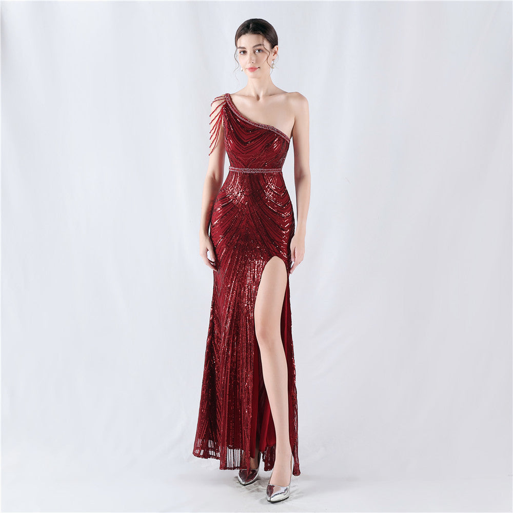 Dress positioning flower bead piece craft bead single shoulder oblique neck high fork evening dress
