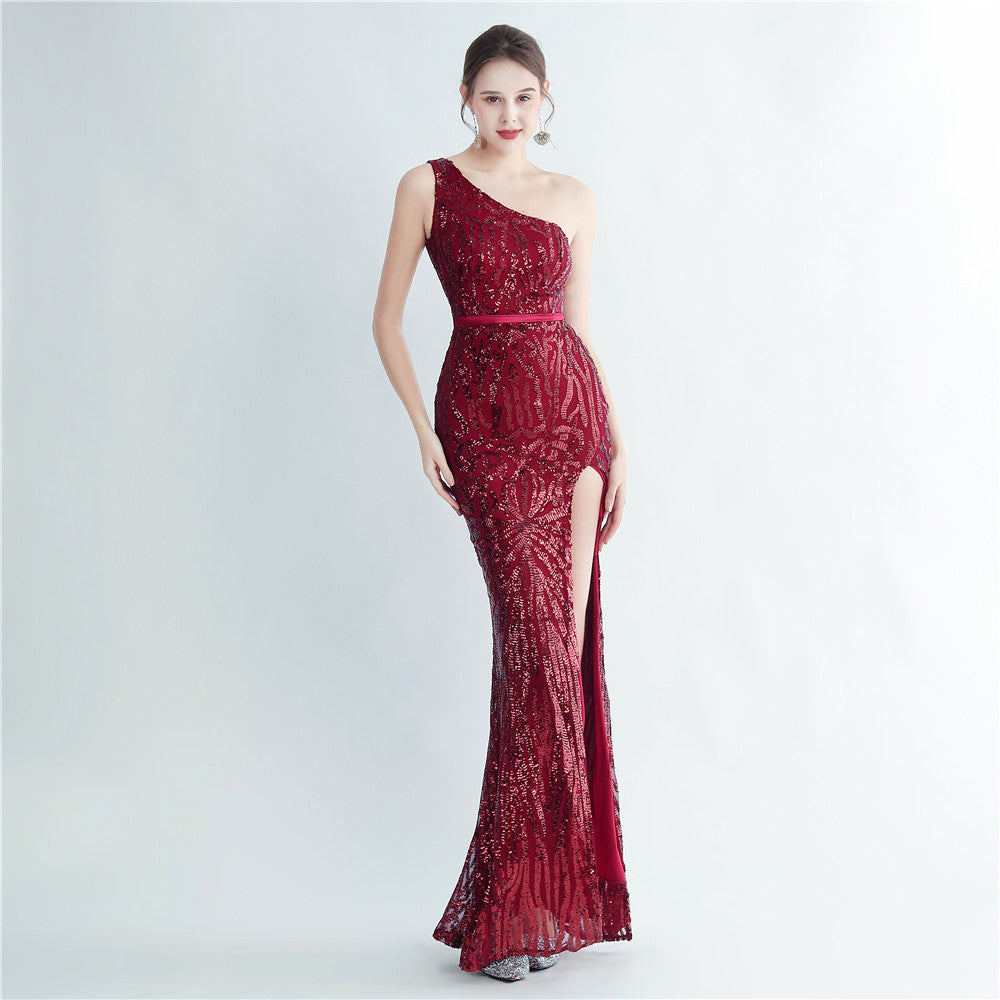Positioning flower beads single shoulder diagonal collar side split fork long evening dress