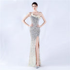 New extended ostrich hair beaded sequined single shoulder diagonal neck high fork evening dress