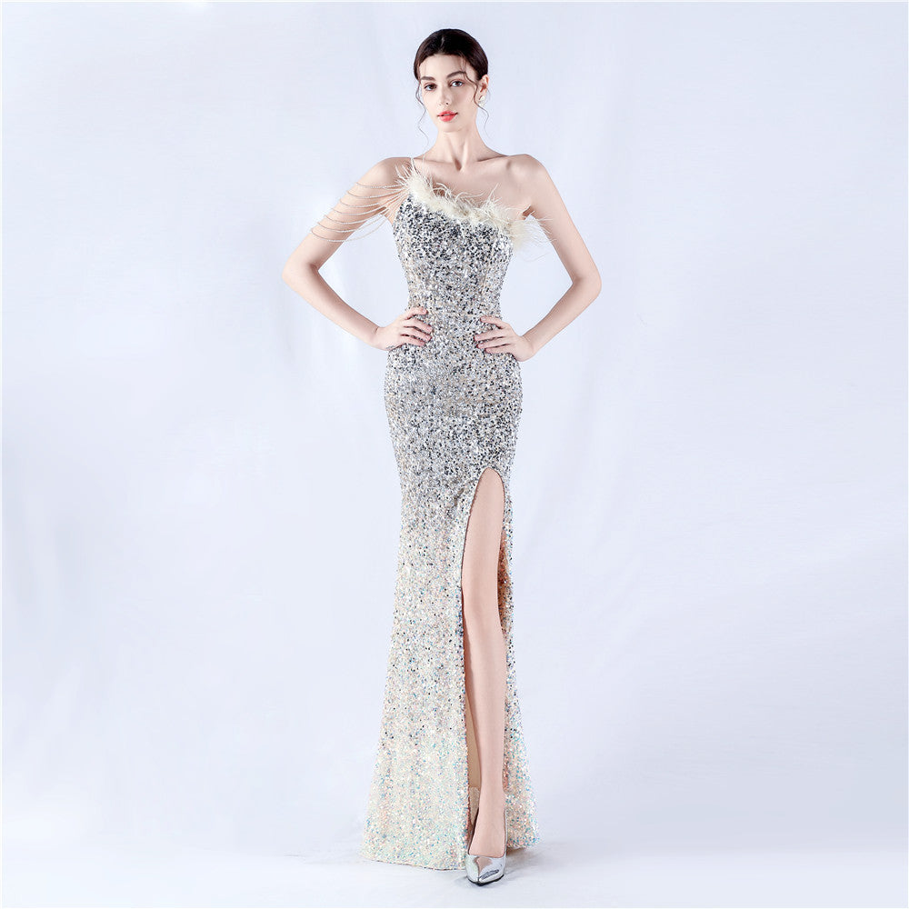 New extended ostrich hair beaded sequined single shoulder diagonal neck high fork evening dress