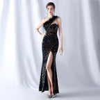 New product craftsmanship order ostrich plush bottom handmade bead high-end shoulder evening dress