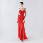 Heavy Industry Hot Drilled Fishbone Vest Lace Lace Bead High Fork Evening Dress