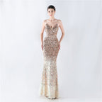 New fleece bottom gradual change bead sexy suspender evening dress