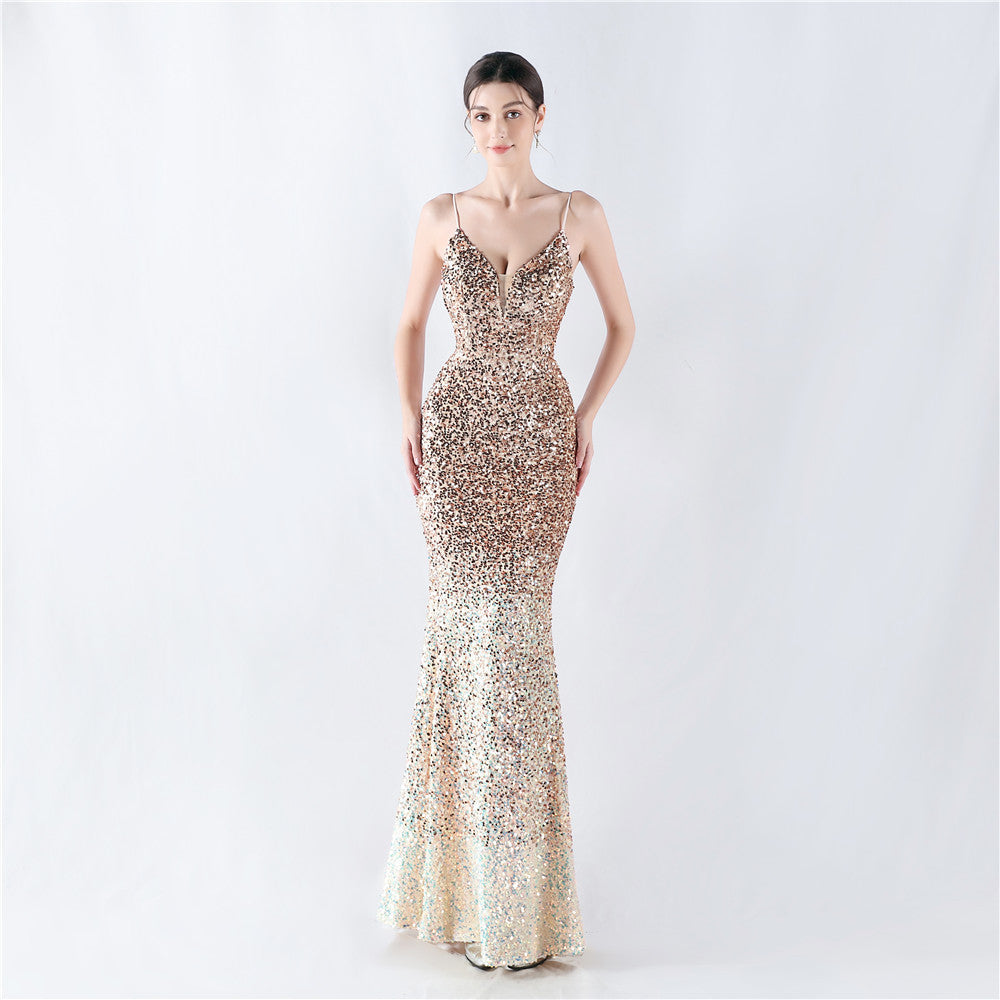 New fleece bottom gradual change bead sexy suspender evening dress