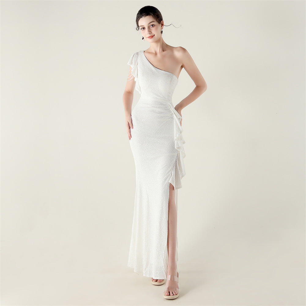 New single shoulder ruffle pendant bead chain handmade sequined evening dress, banquet party wedding