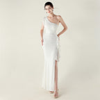 New single shoulder ruffle pendant bead chain handmade sequined evening dress, banquet party wedding