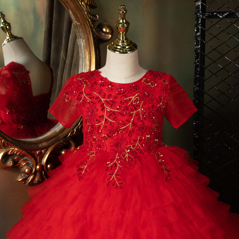 Vestido de Navidad para niña, vestido de comunión para niña pequeña, vestido rojo esponjoso de princesa con cola de cumpleaños, hermoso vestido de desfile 