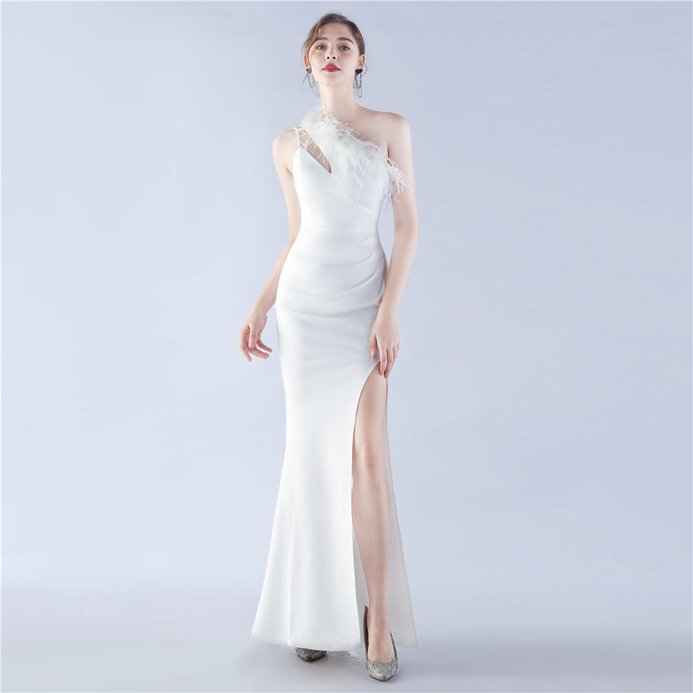 New craftsmanship Order ostrich hair banquet performance satin long evening dress