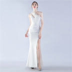 New craftsmanship Order ostrich hair banquet performance satin long evening dress