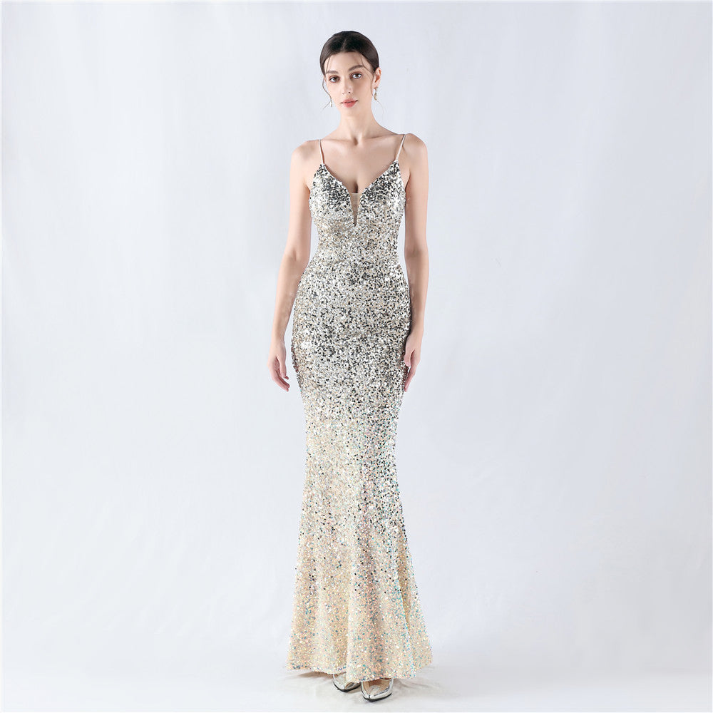 New fleece bottom gradual change bead sexy suspender evening dress