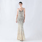 New fleece bottom gradual change bead sexy suspender evening dress