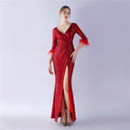Craft ostrich sequin long-sleeved evening dress