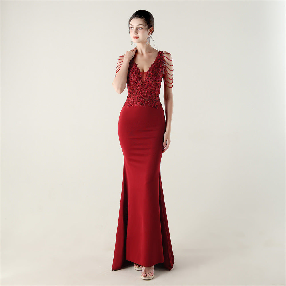 New Bead Lace Bead Embroidery Evening Ceremony, Off-Shoulder Fishtail Dress, Red Carpet Wedding Banquet Dress