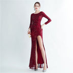 New sequined long-sleeved test split high-end evening dress