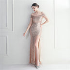 Classic explosive sequined version one-word neck split fork bridesmaid etiquette event celebration slimming and shaping long models
