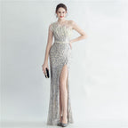 Heavy industry ostrich hair craft bundle hair slant shoulder side split high-end evening dress