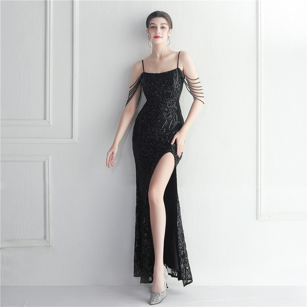 Positioning flower bead slice bead craft foreign trade sexy dress long