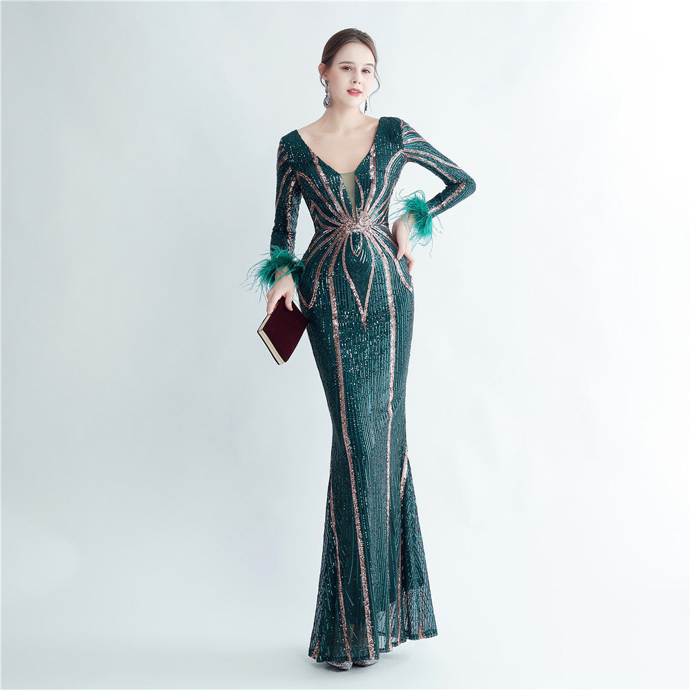 New product positioning flower bead piece craft ostrich hair high-end long-sleeved evening dress