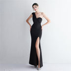 Satin new slim shoulder long celebrity dinner slim fishtail dress wedding exhibition dress