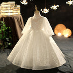 Kommunionkleid für Mädchen, langärmelig, Paillettenkleid, Blumenmädchenkleid, Festkleid für Prinzessinnen 