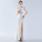 New shoulder craft order ostrich hair hot diamond high-end evening dress