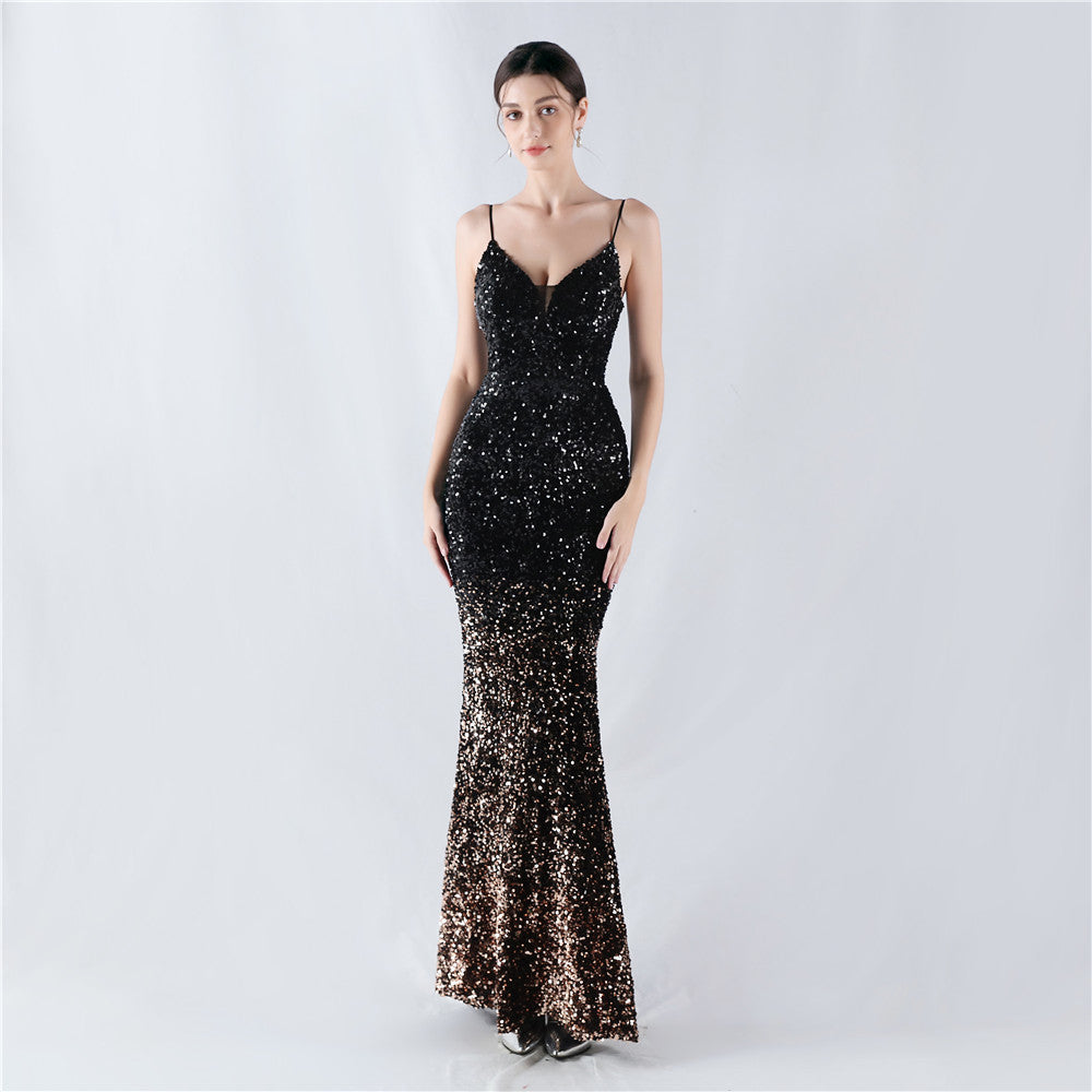 New fleece bottom gradual change bead sexy suspender evening dress