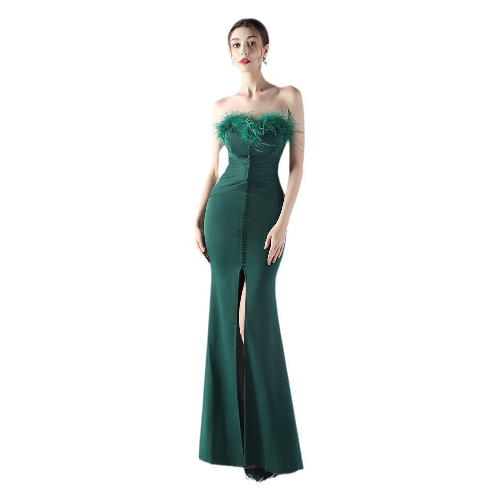 New art bag buckle handmade ostrich hair satin long evening dress