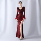 High-end evening dress decorated with ostrich hair craft wavy beads