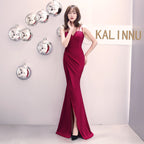 Banquet evening dress winter fashion elegant long sexy suspender slim fishtail black dress dress