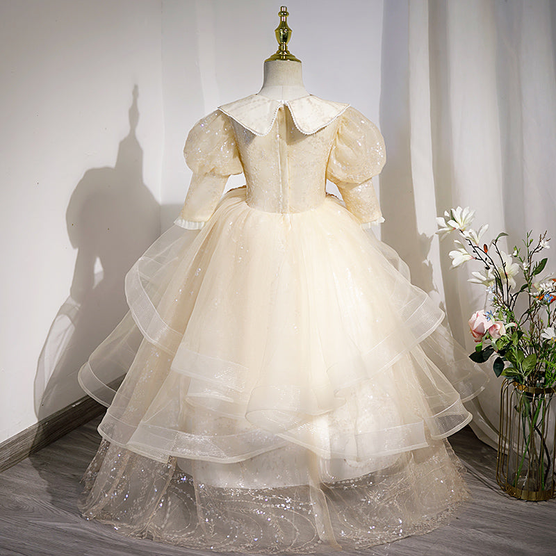Blumenmädchenkleid für Kinder, Kommunion, Sommer, elegant, Pailletten, Puppenkragen, flauschig, Taufkleid 