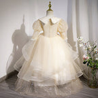 Blumenmädchenkleid für Kinder, Kommunion, Sommer, elegant, Pailletten, Puppenkragen, flauschig, Taufkleid 