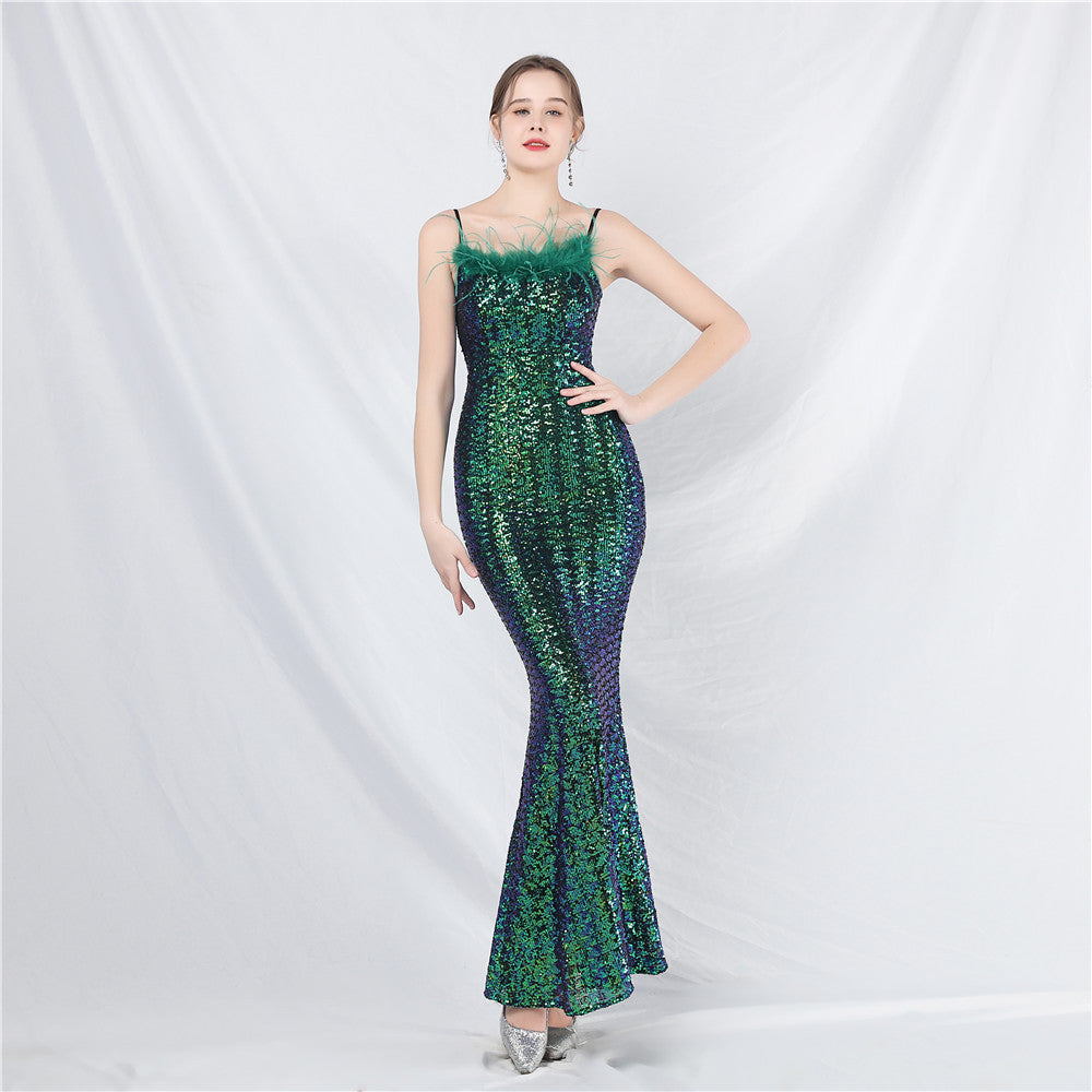 New Craft Ostrich Hair High-end Symphony Bead Evening Dress Banquet Party Dress