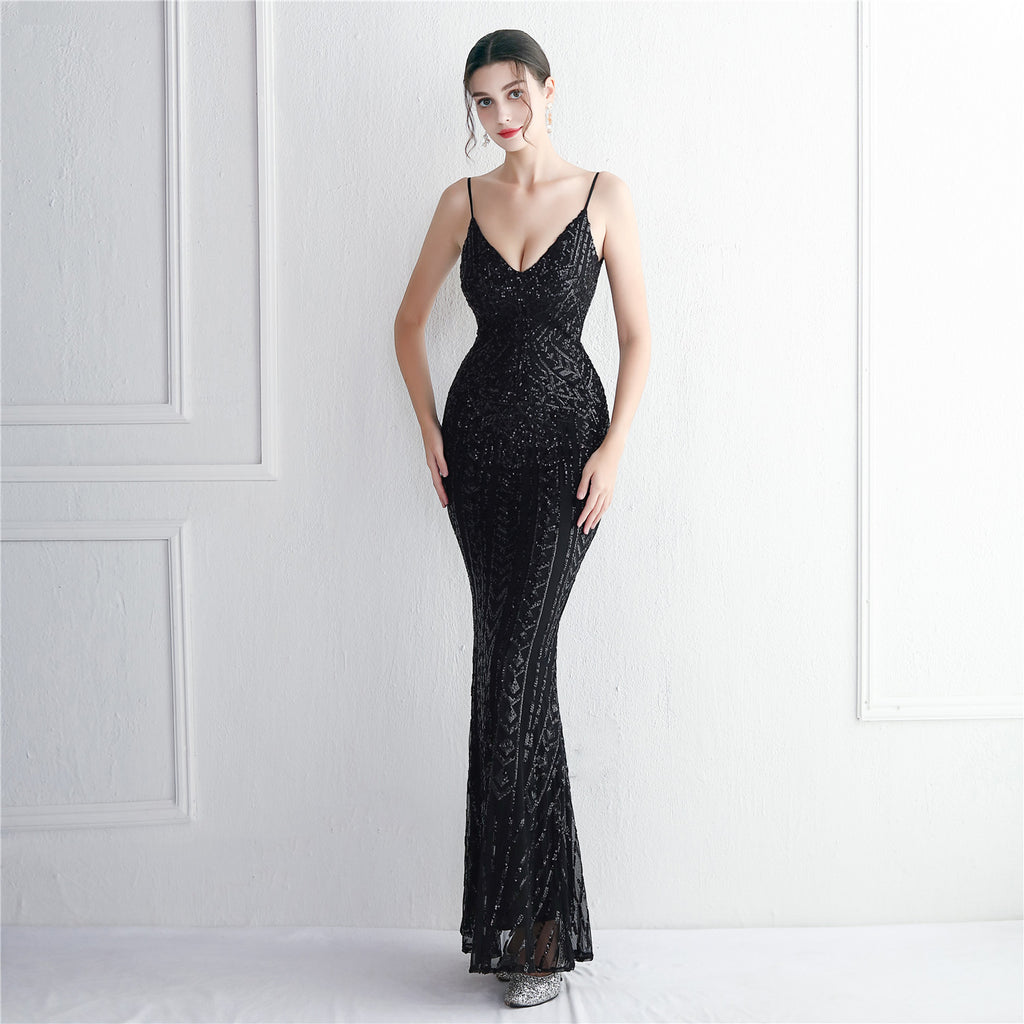 Positioning flower suspender party sequined dress long banquet slim evening dress temperament fishtail skirt