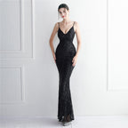 Positioning flower suspender party sequined dress long banquet slim evening dress temperament fishtail skirt