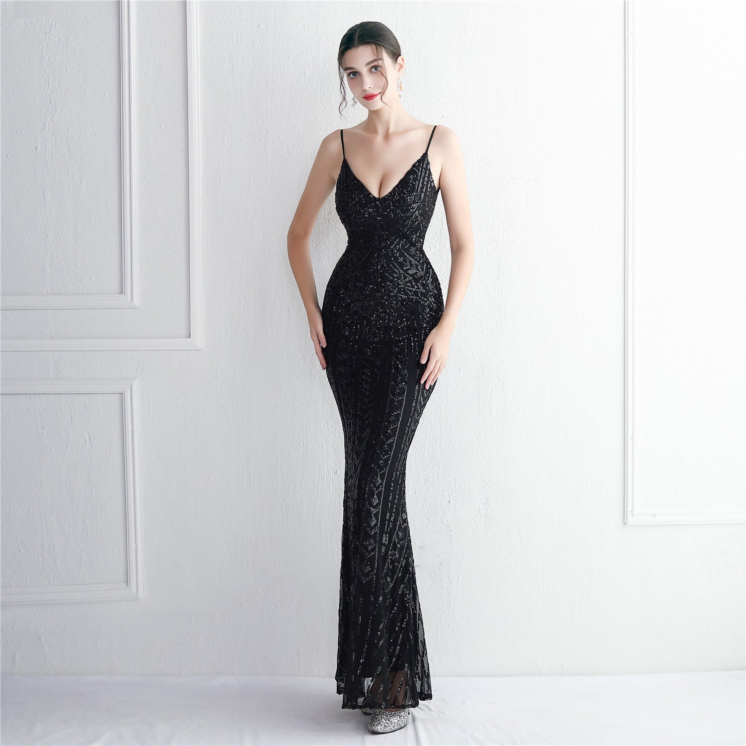 Positioning flower suspender party sequined dress long banquet slim evening dress temperament fishtail skirt