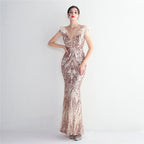 High density three-dimensional strong bead positioning flower craft handmade hair banquet slim sexy evening dress