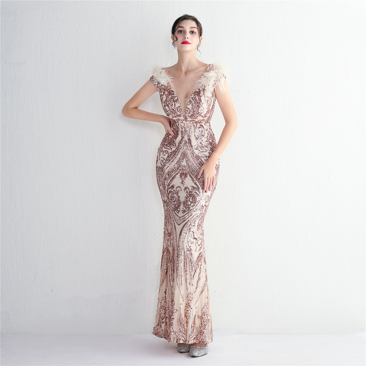 High density three-dimensional strong bead positioning flower craft handmade hair banquet slim sexy evening dress