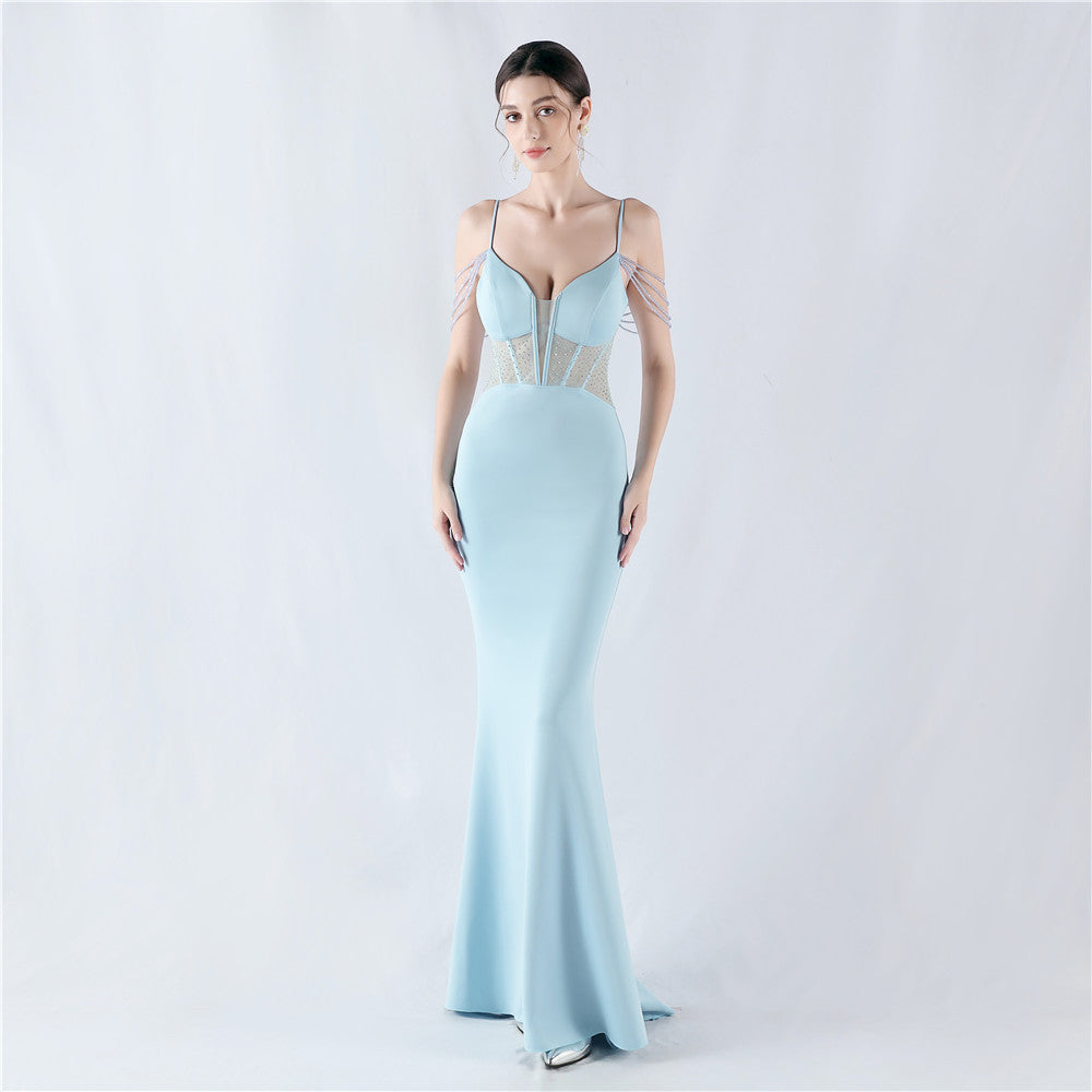 Evening dress waist fish bone beads hot diamond banquet performance host evening dress