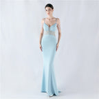 Evening dress waist fish bone beads hot diamond banquet performance host evening dress