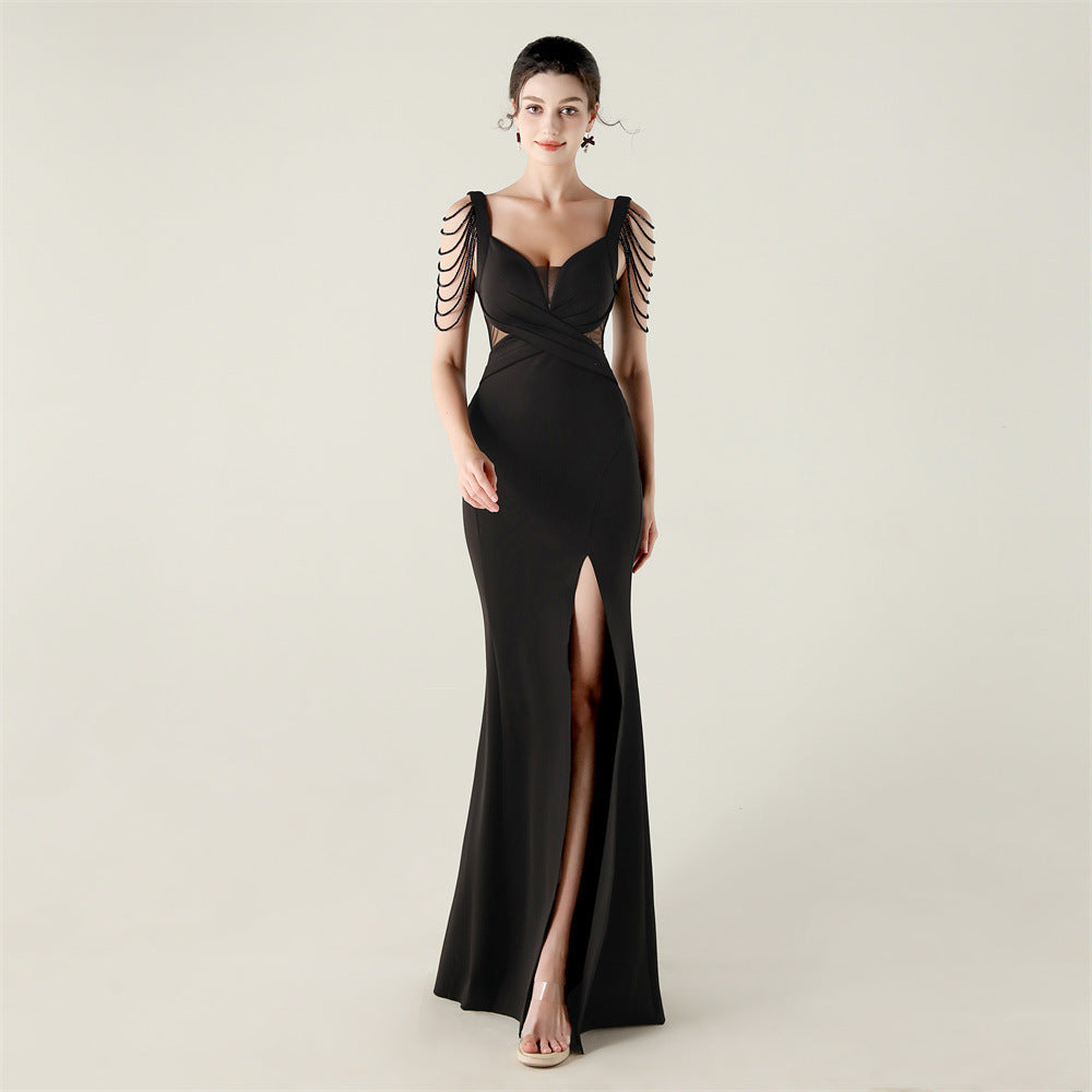 New bead pressing and folding process deep V-neck evening dress slim banquet robe