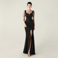 New bead pressing and folding process deep V-neck evening dress slim banquet robe