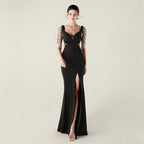 New bead pressing and folding process deep V-neck evening dress slim banquet robe