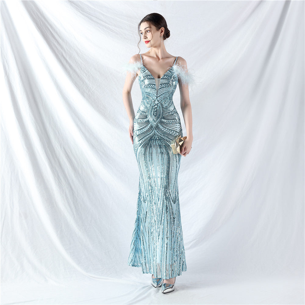 new dress craft order ostrich hair positioning flower bead piece evening dress